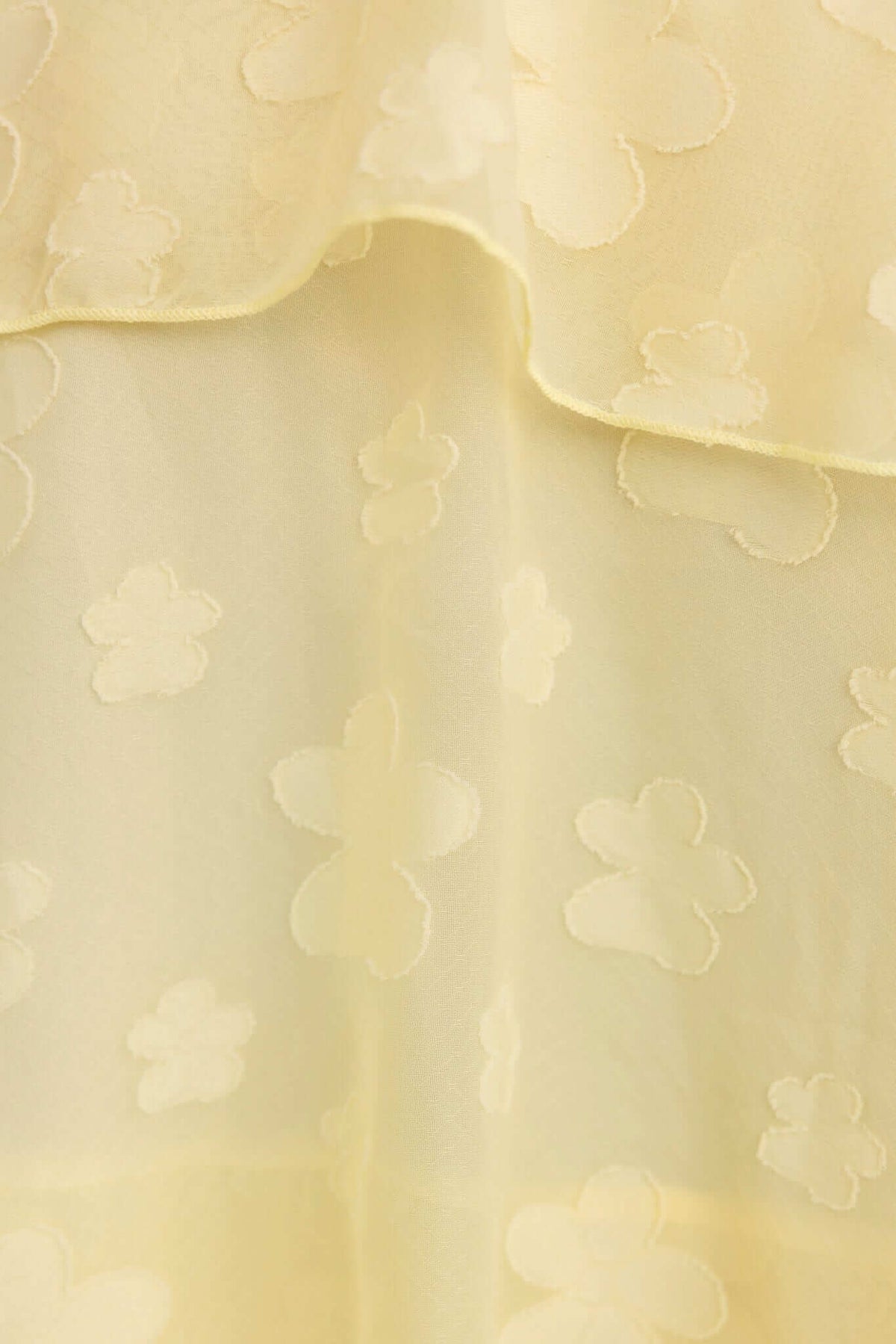 Close-up of soft yellow fabric featuring delicate floral patterns, ideal for a feminine maxi dress.