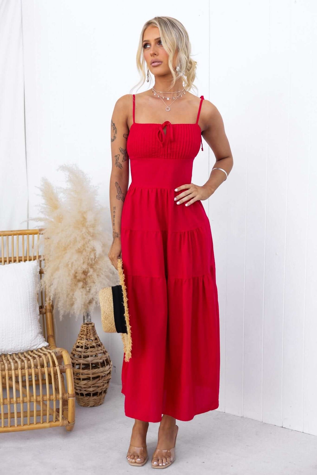 Gresham Maxi Dress in vibrant red with thin tie straps, tied bust, and side split, perfect for summer styling.