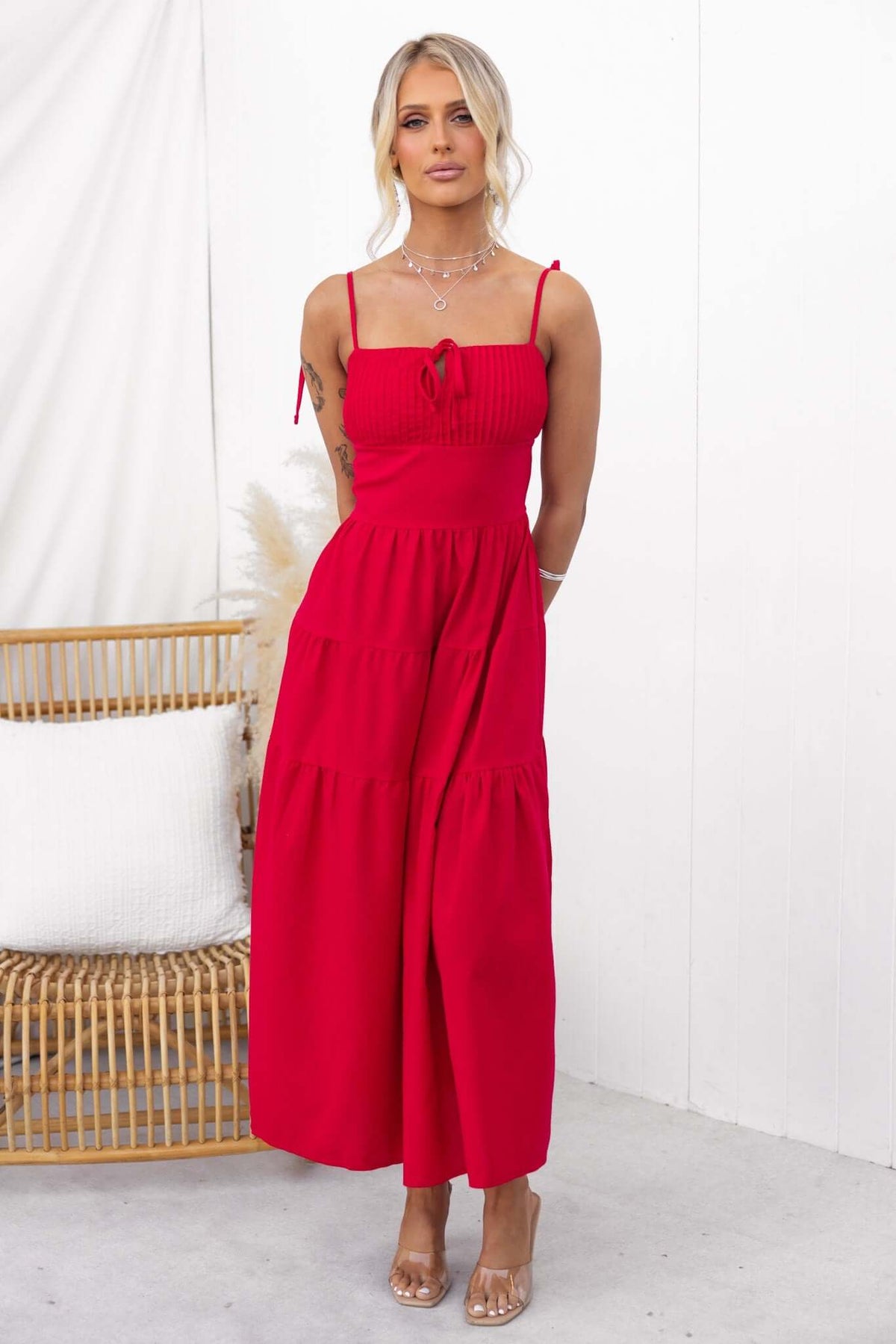 Gresham Maxi Dress in red with thin tie straps, elastic back, split sides, and linen look, perfect for summer occasions.