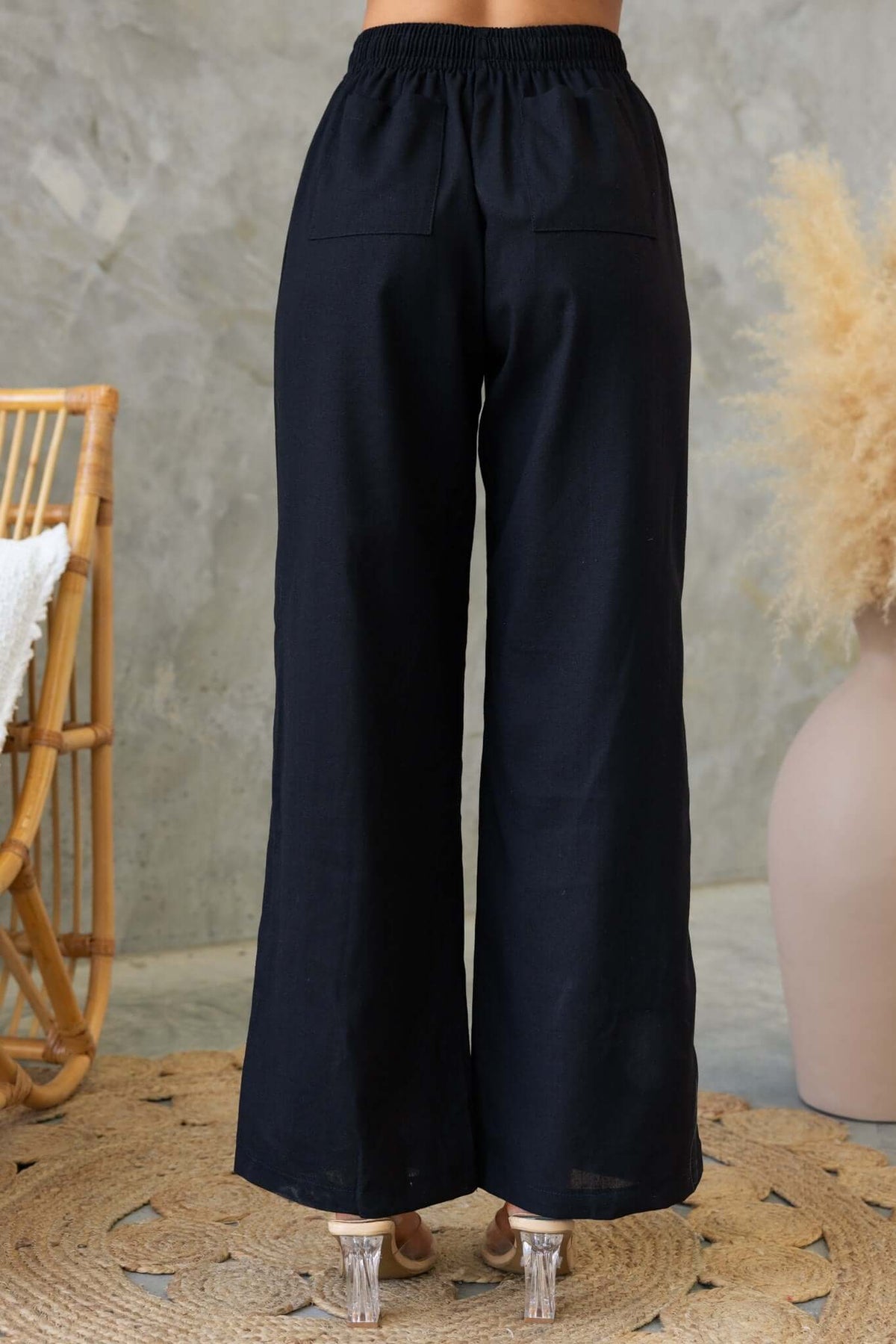Black Payson Pants with elastic waist and drawstring, featuring back pockets, non-stretch fabric and a linen look.