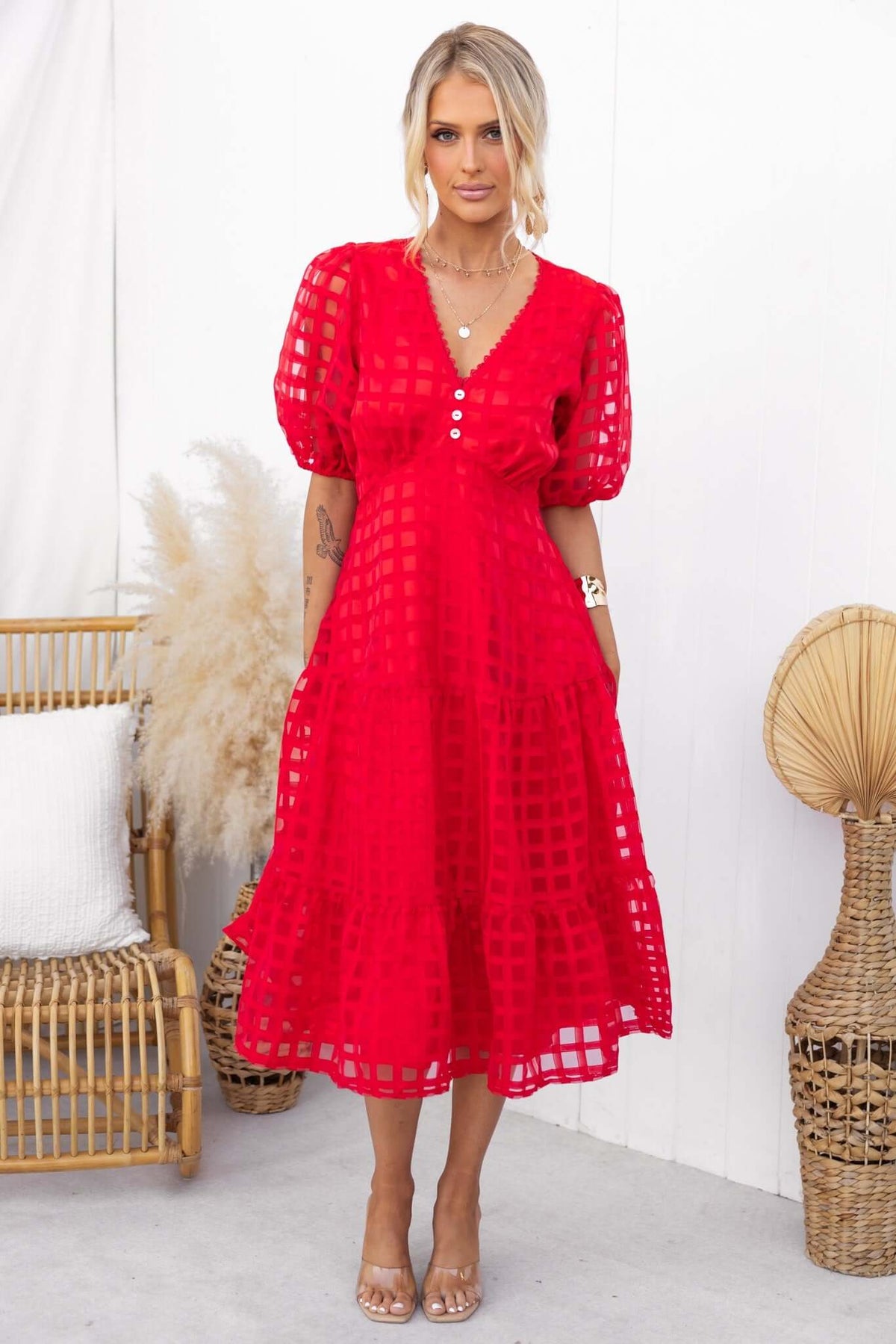 Barker Midi Dress in vibrant red with faux button front, elastic cuff sleeves, and shirred back, perfect for summer occasions.