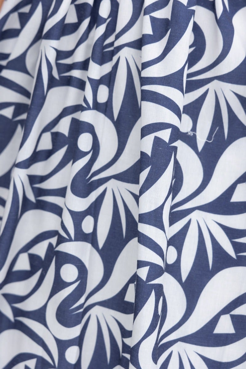 Navy floral pattern fabric of Vallere Maxi Dress, showcasing stylish design and high-quality cotton blend material.
