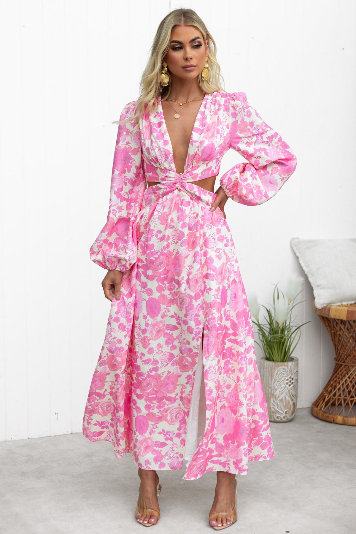 Just Joy Maxi Dress with plunge neckline, gold hardware detail, and floral pattern in pink, perfect for summer occasions.