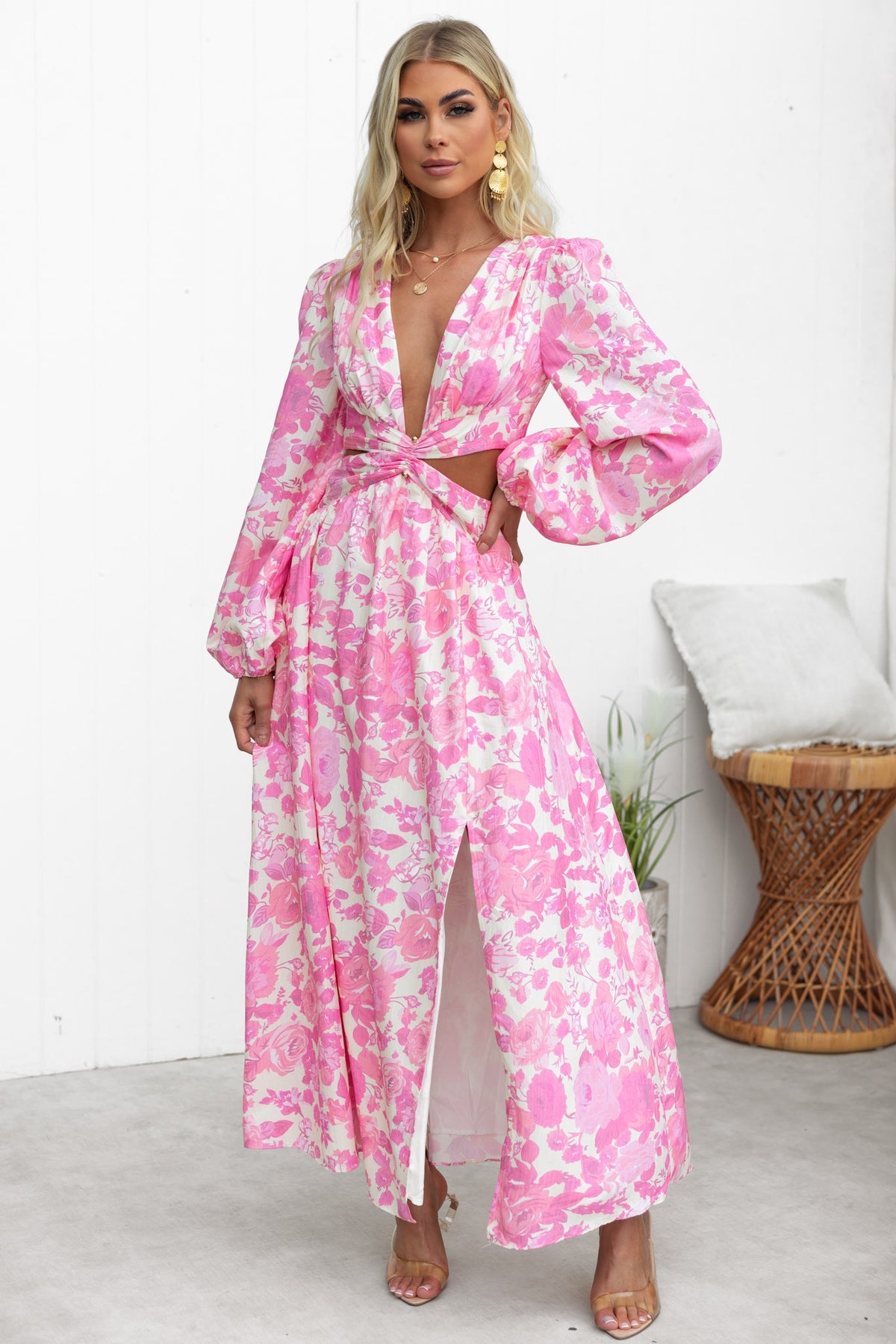 Just Joy Maxi Dress in pink floral print with plunge neckline, cut-out waist, and front split, perfect for summer occasions.