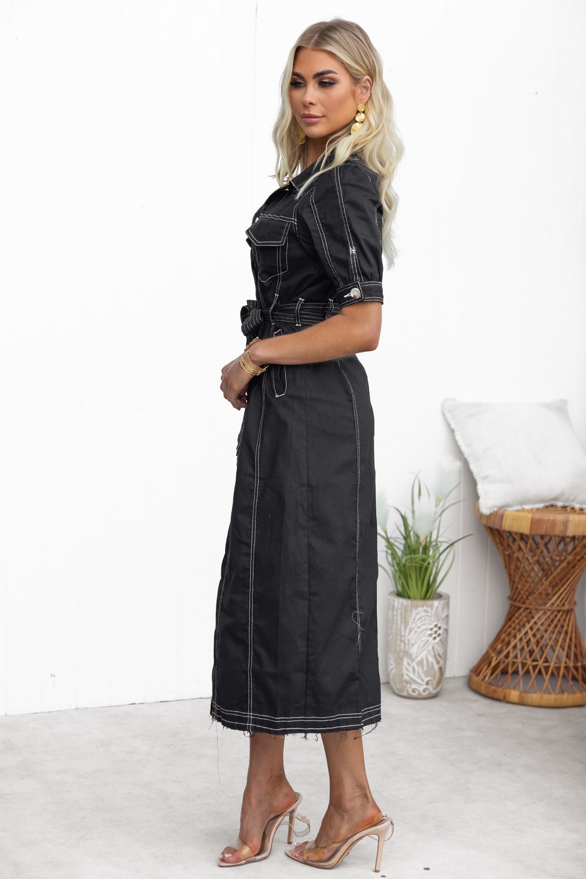 Morgan Denim Midi Dress in black with a structured fit, frayed hem, and removable belt, styled by a model.