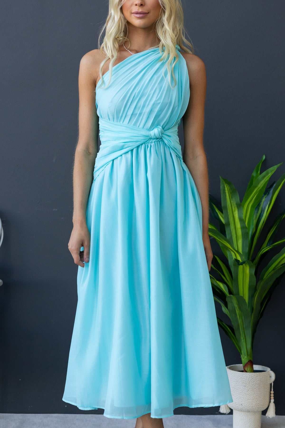 Arturo Midi Dress: Aqua one-shoulder chiffon dress with front knot and lined design, perfect for events.
