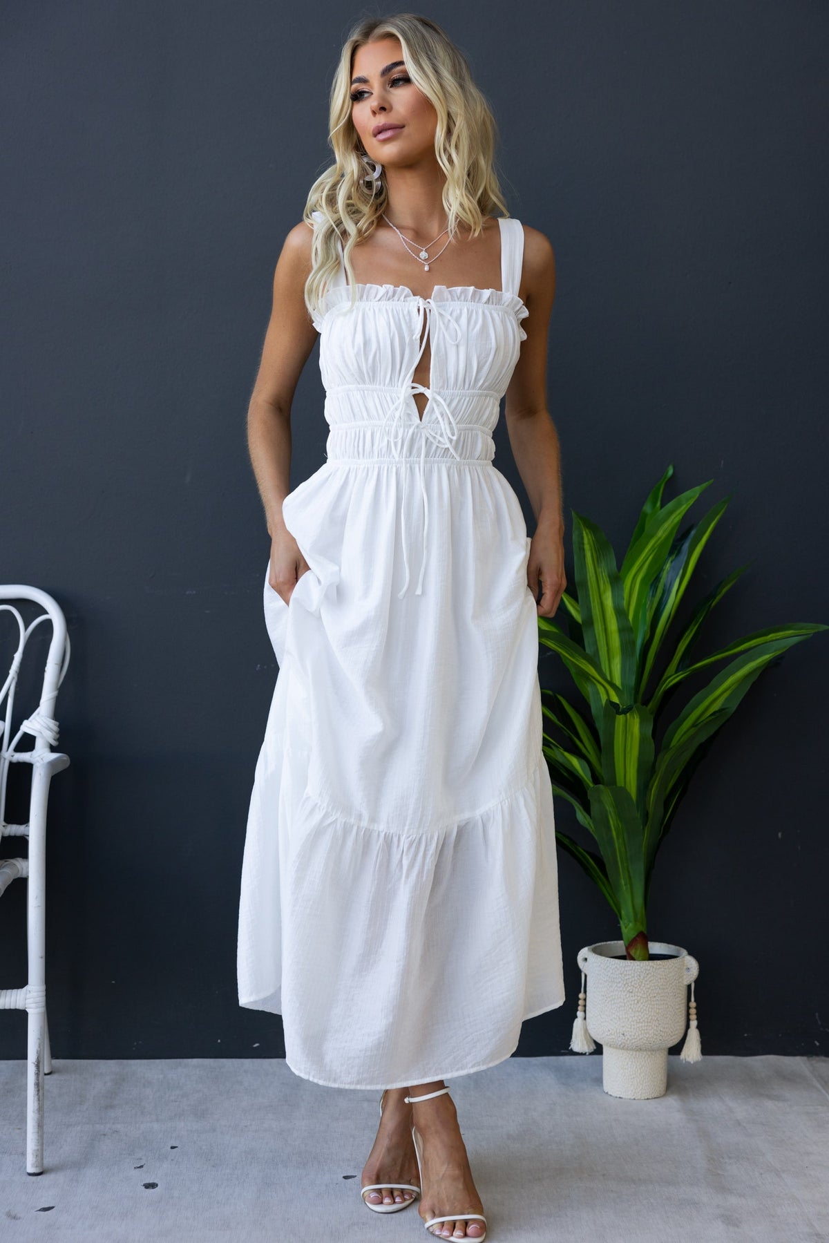 Shanina Midi Dress in white with tie details and textured material, featuring a stylish and comfortable fit.