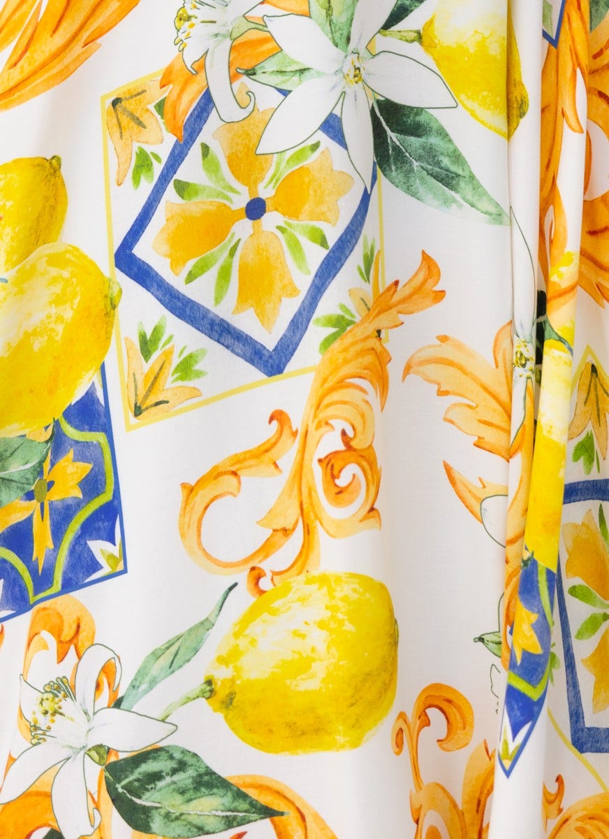 Vibrant lemon and floral print featured on the Summer Crush Maxi Dress, perfect for summer events.