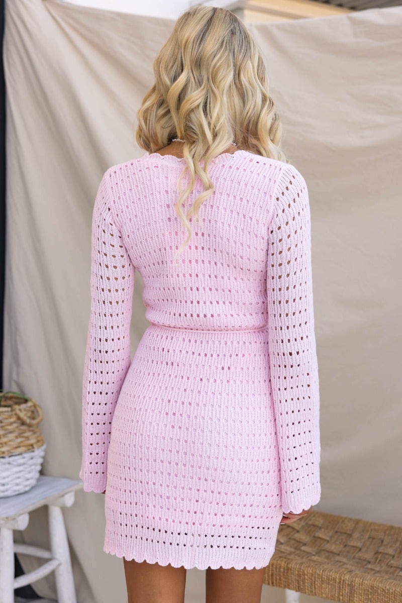 Back view of the Jadell Dress in soft pink with V-neckline and flare sleeves, showcasing its knit design and removable fabric tie.
