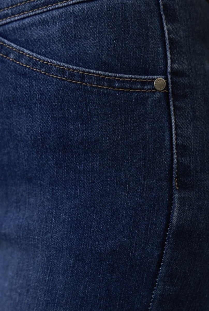 Close-up of the Xano Denim Maxi Skirt showcasing the back pocket detail in dark blue denim.