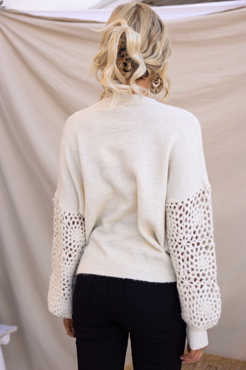 Back view of the Keilor Jumper featuring a round neckline and open weave knit sleeves, styled with black pants.