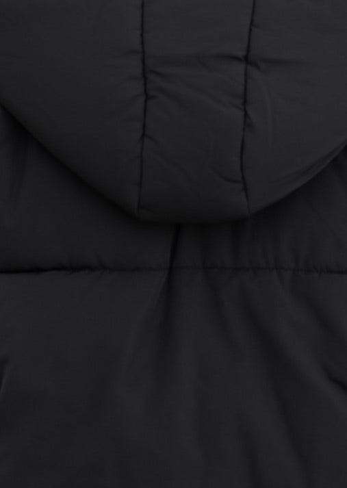 Back view of Delila Puffer Jacket in black, featuring a removable hood and quilted design.