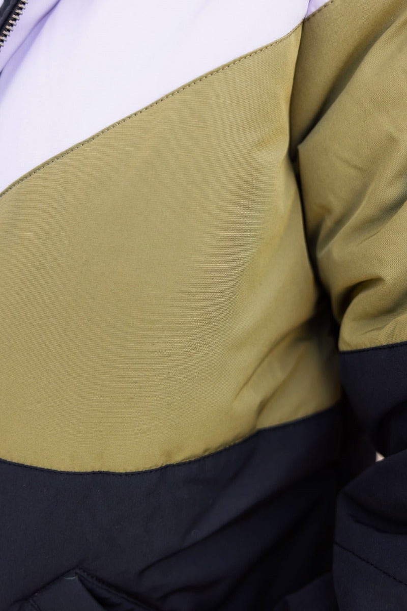 Charis Puffer Jacket featuring black, olive green, and lilac color blocks, showcasing the stylish design and fabric texture.
