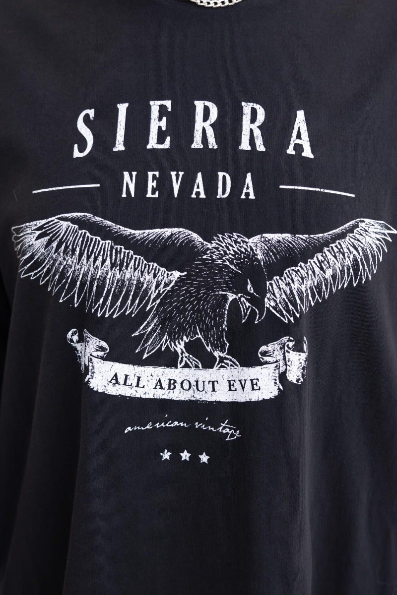 Black print long sleeve top featuring 'Sierra Nevada' and an eagle design by All About Eve, perfect for casual wear.