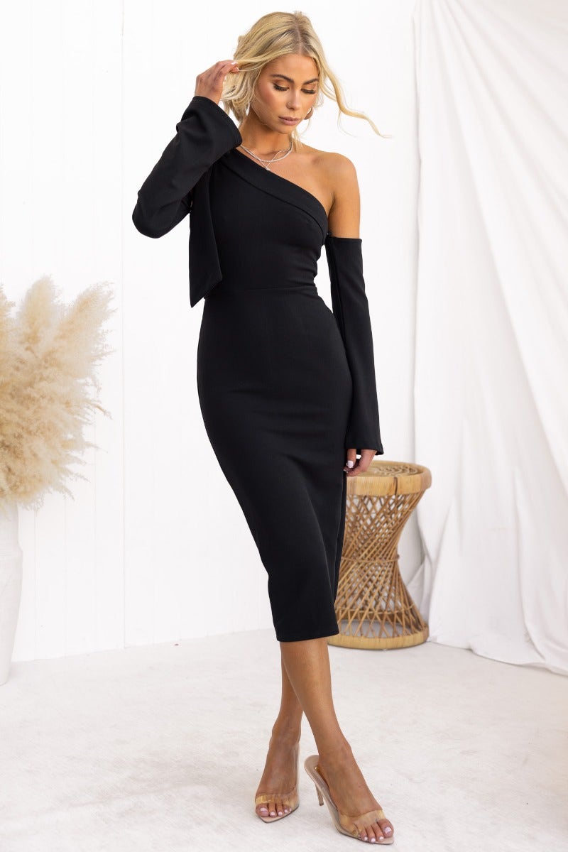 Black Ellidy Midi Dress with one-shoulder neckline and bow detail, featuring detachable sleeves and a back split.