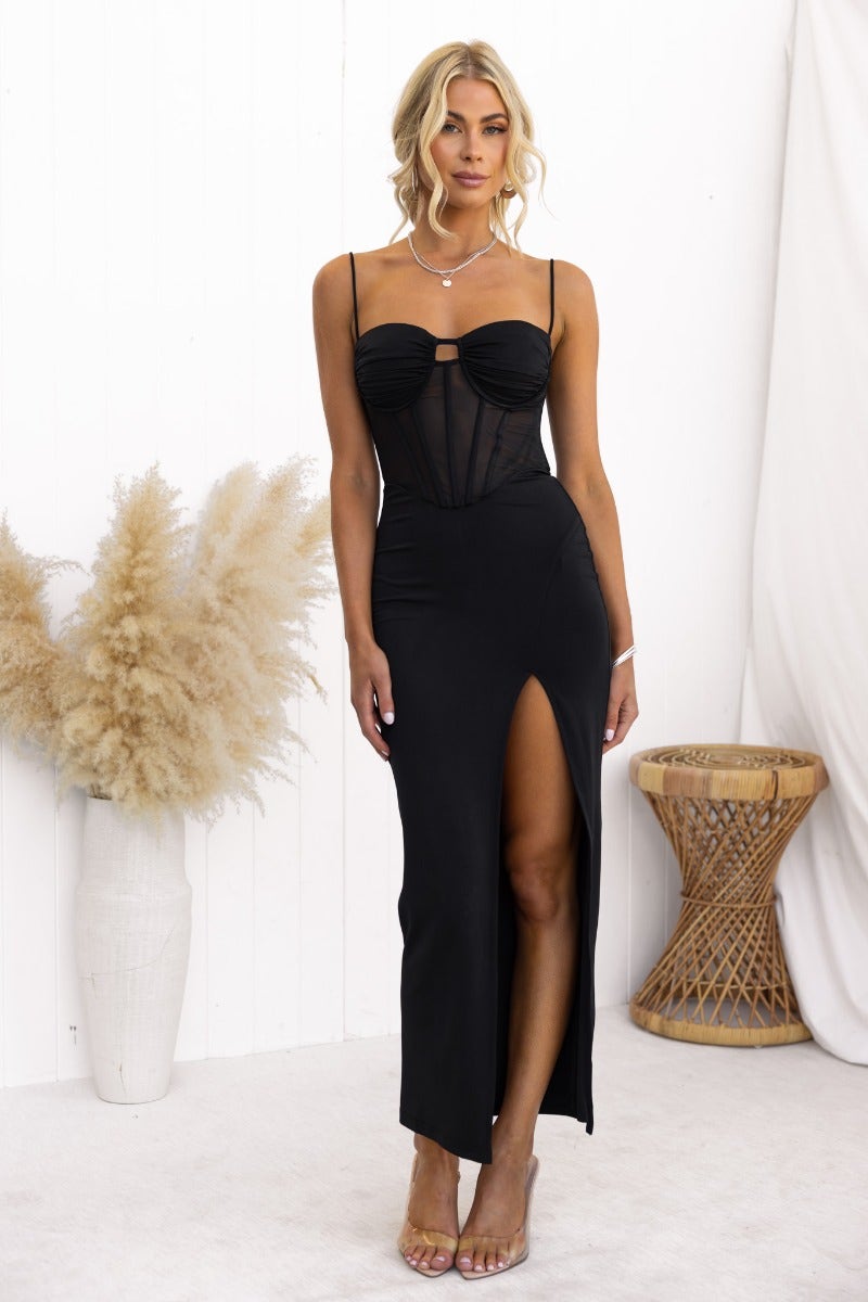 Black Havilah Midi Dress with padded bust, sheer waist panel, front split, and back zip, perfect for a stylish evening look.