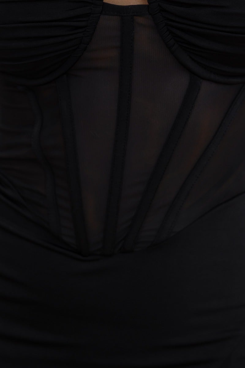 Close-up of Havilah Midi Dress showing padded bust, sheer mesh panel, and boning details.