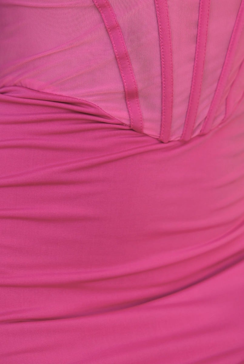 Close-up of Havilah Midi Dress showing padded bust, sheer mesh panel and stretch fabric in vibrant pink.