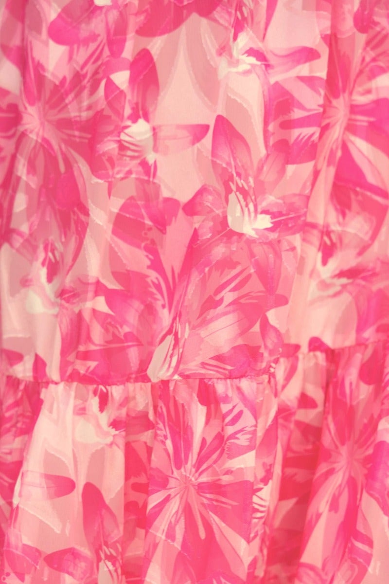 Close-up of pink floral print fabric of Ocean Beach Midi Dress, showcasing vibrant colors and delicate design details.