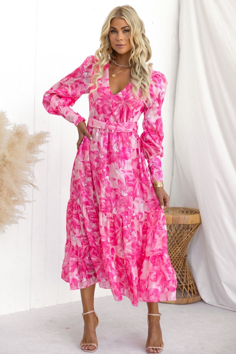 Ocean Beach Midi Dress in pink floral print with V-neckline and removable belt, perfect for a relaxed fit summer look.