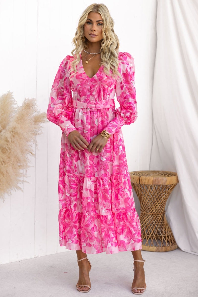 Ocean Beach Midi Dress, floral print with V-neckline, removable belt, and buttons at sleeves, perfect for summer occasions.