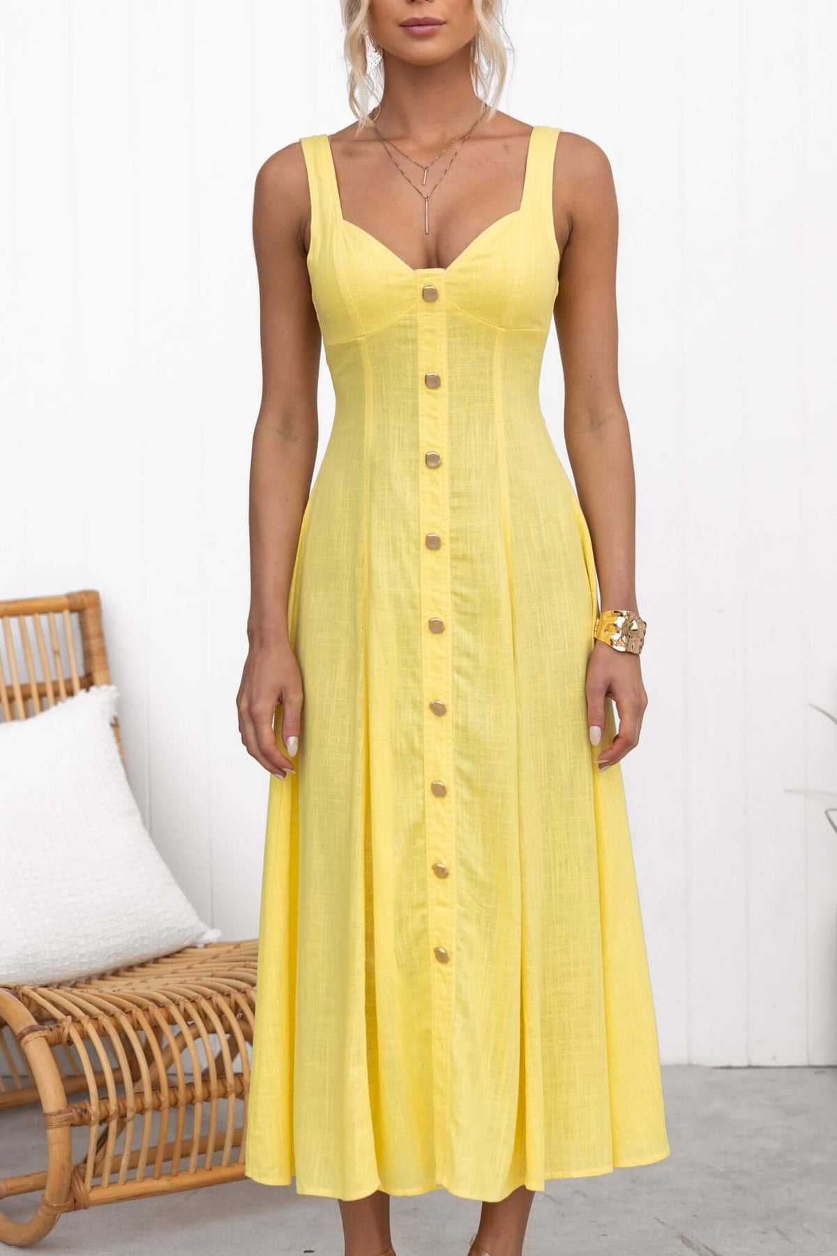 Lyre Midi Dress in yellow with faux buttons, elastic back, and linen look; perfect for summer styling.