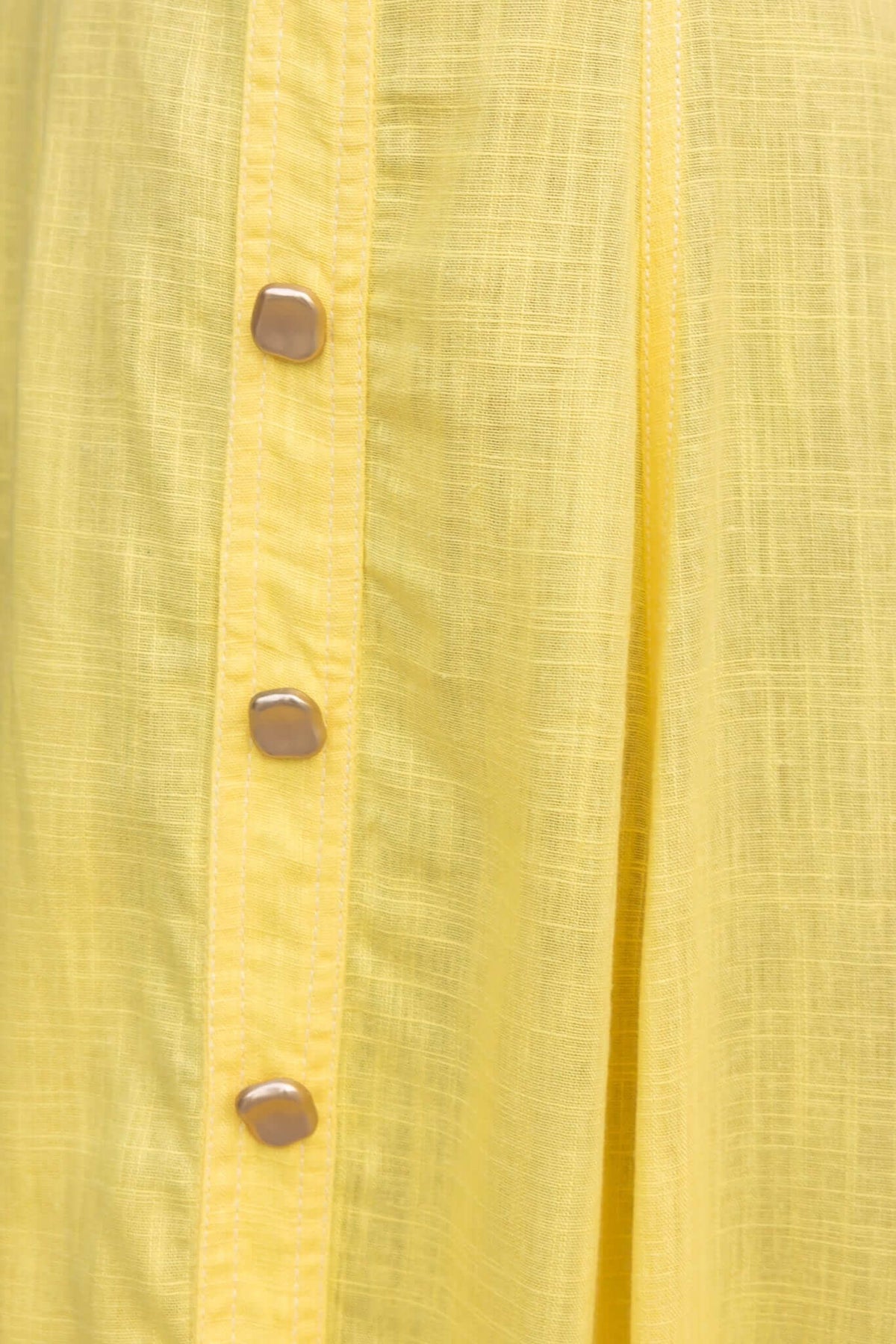 Close-up of a yellow midi dress featuring faux buttons and a textured linen look.