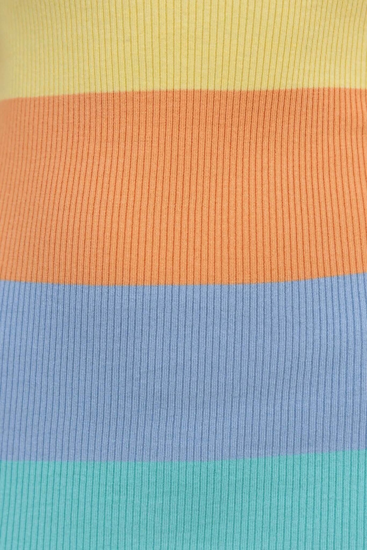 Close-up of ribbed knit fabric in yellow, orange, blue, and green stripes, showcasing texture and color patterns.