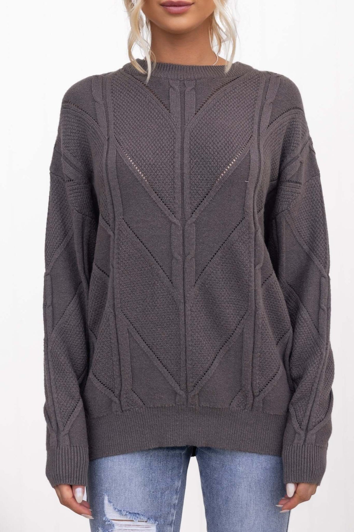 Becker Jumper in dark grey with round neckline and cable knit design, perfect for casual wear.