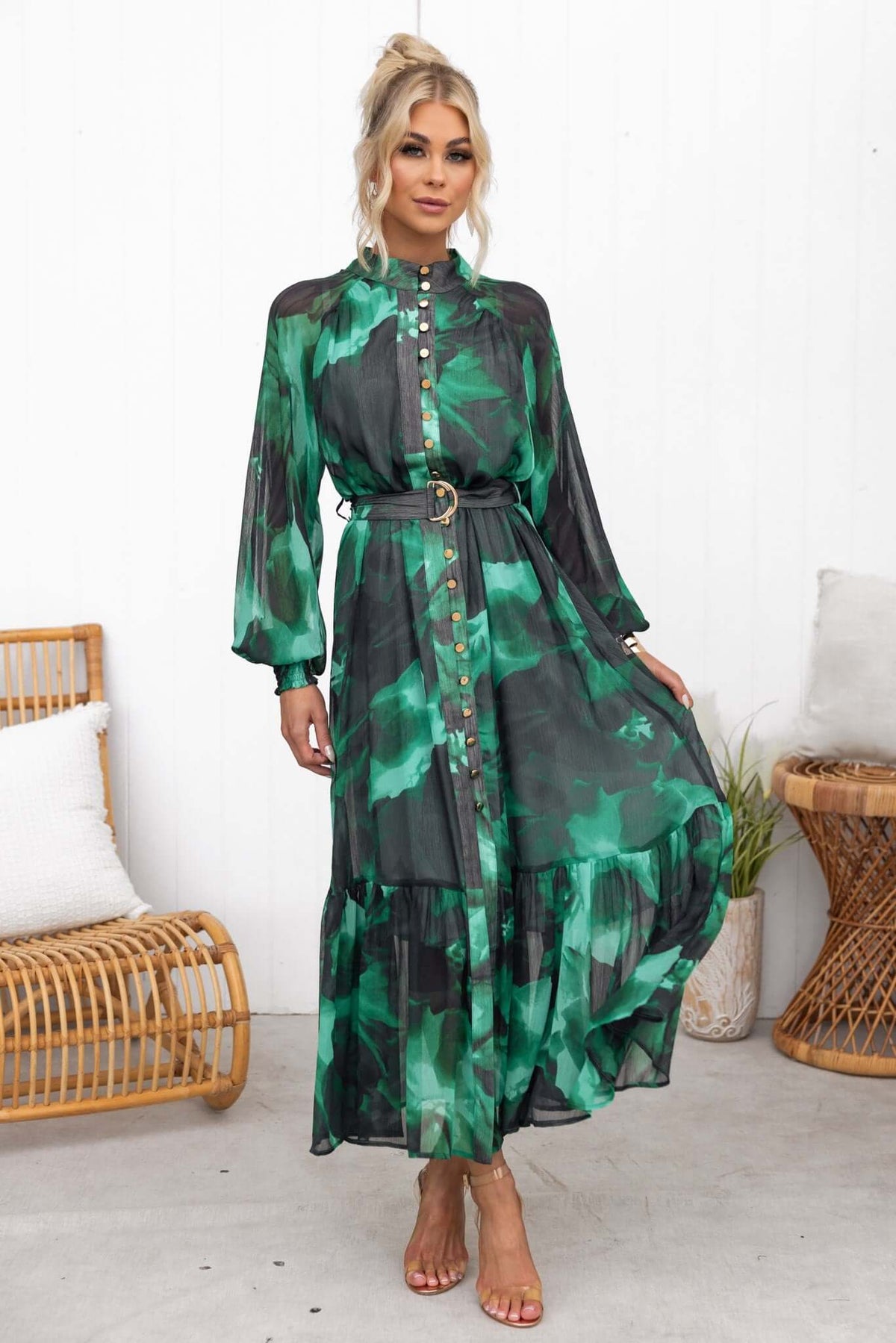 Orazio Maxi Dress in green chiffon with high neckline, button-up front, and removable belt for a stylish fit.