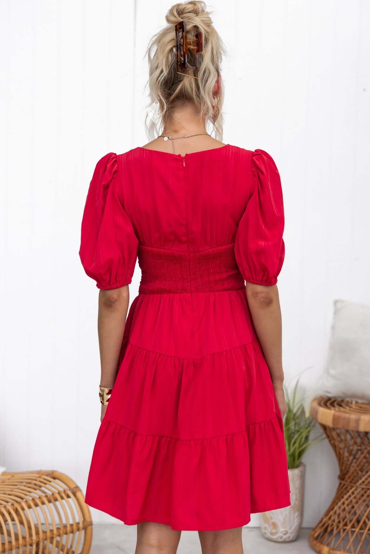 Stylish red Sakura Dress featuring a V-neckline, elastic sleeves, and a tiered skirt, perfect for summer outings.