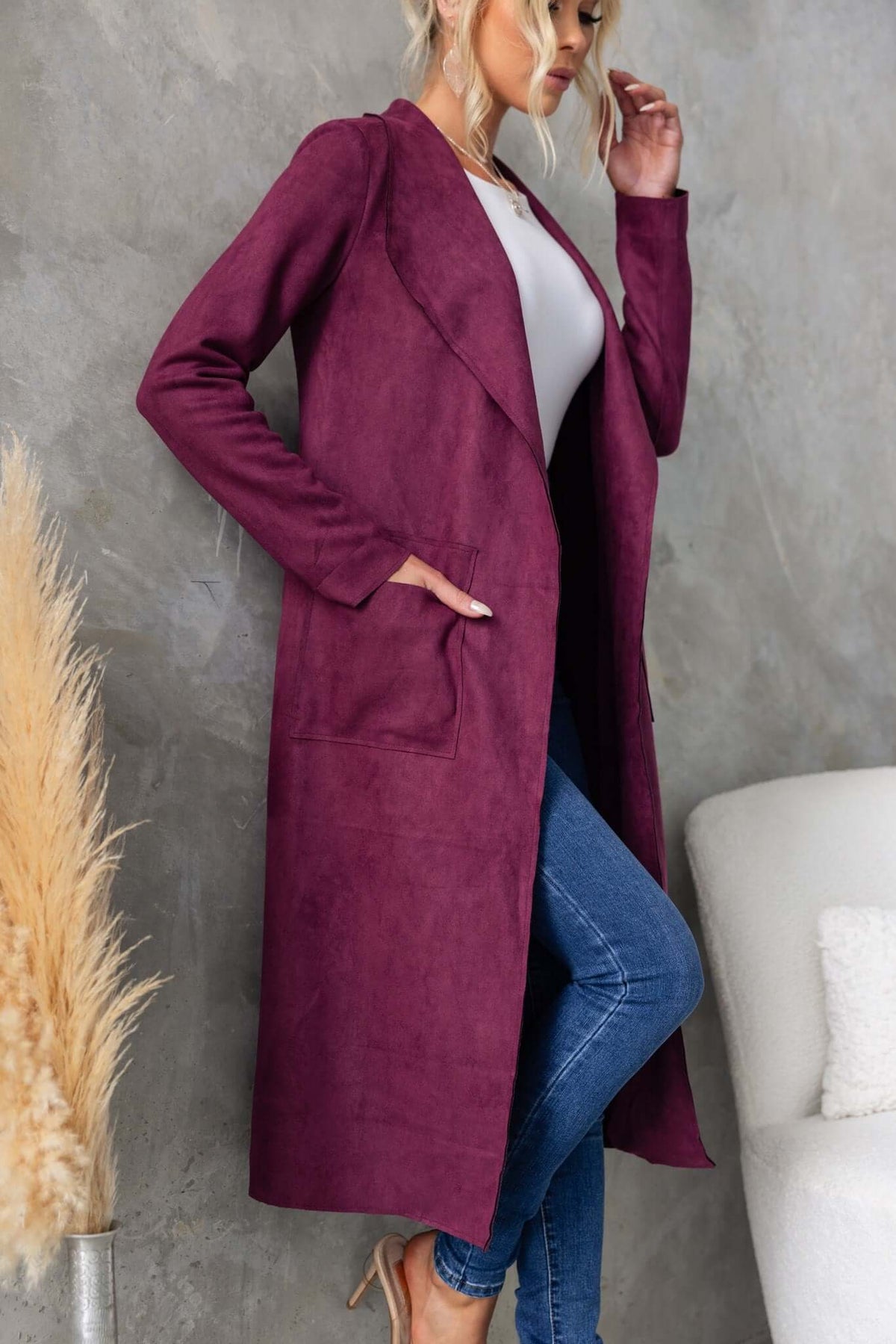 Hayley Coat in deep burgundy, longline fit with draping lapels and pockets, perfect for stylish layering.