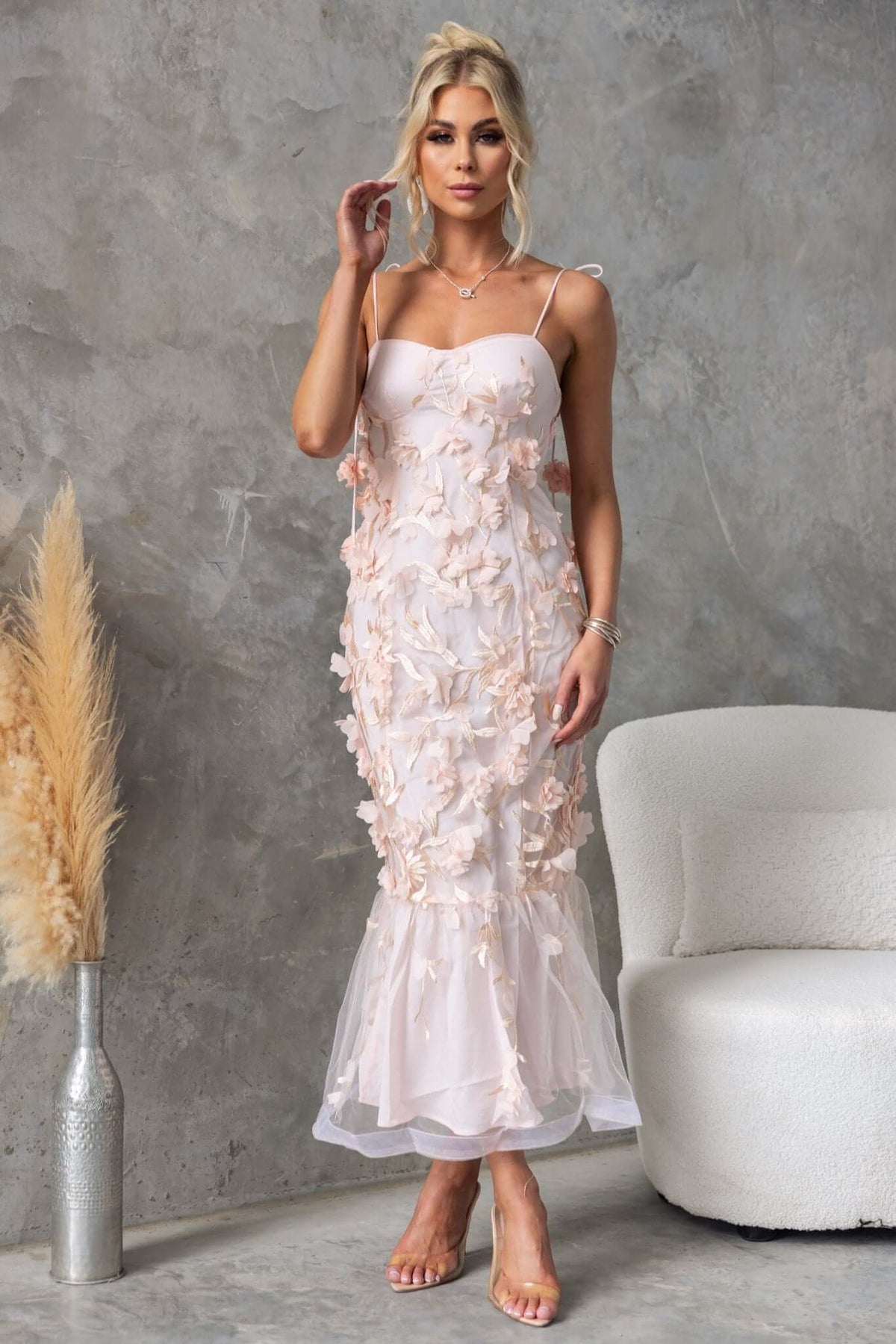 Nephi Midi Dress featuring adjustable straps, floral lace overlay, and elegant fit, perfect for special occasions.