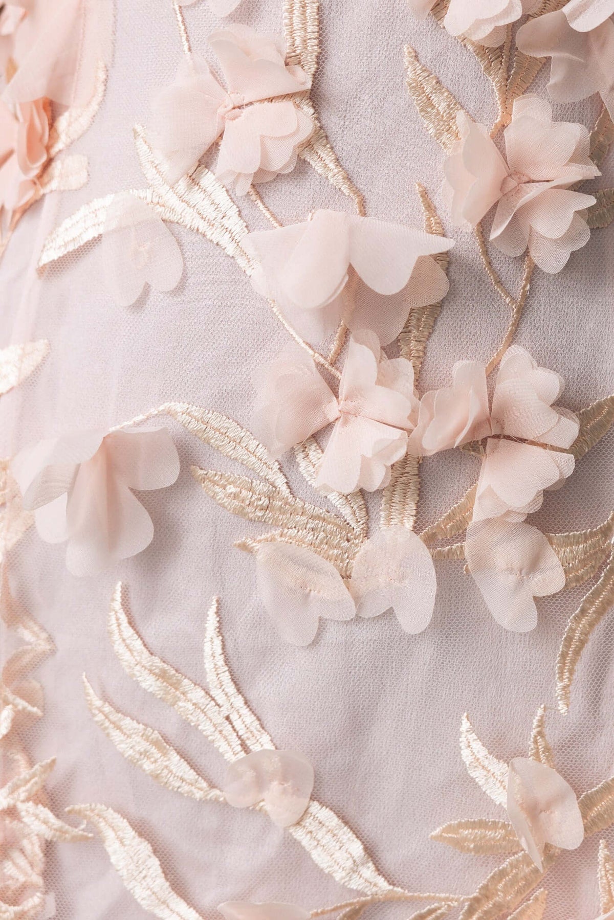 Close-up of intricate lace embroidery with pink flowers on a fabric, highlighting elegant details of Nephi Midi Dress.