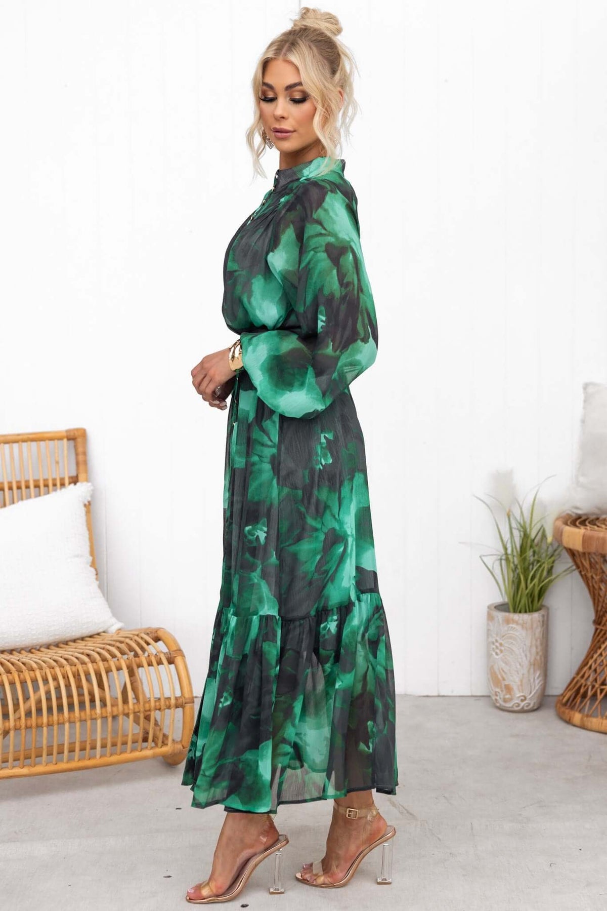 Orazio Maxi Dress featuring a high neckline, button-up front, and floral chiffon design in green tones.