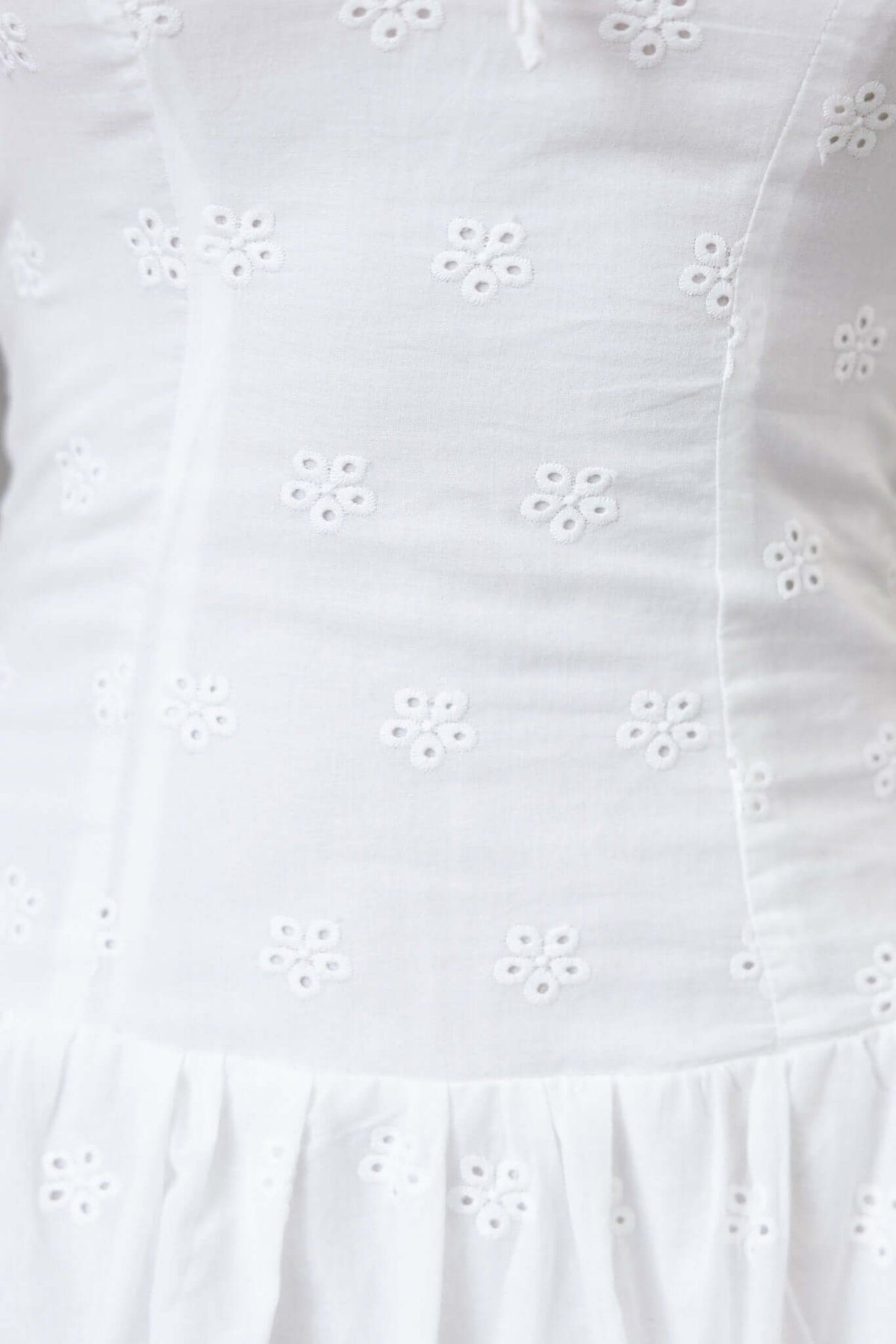 Close-up of Fairfield Dress in Anglaise material featuring delicate white embroidery patterns.