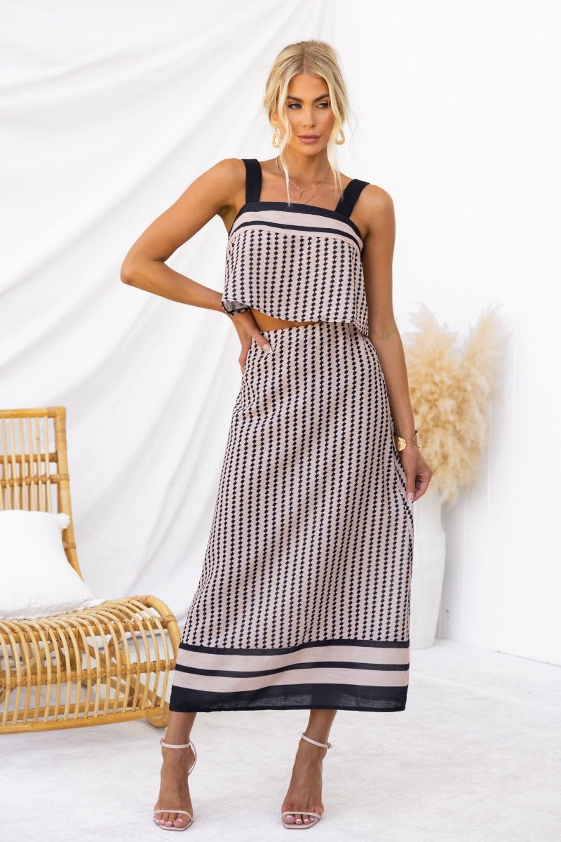 Model wearing Day By Day Set featuring a square neckline and mid-high waist, styled with light cotton feel.