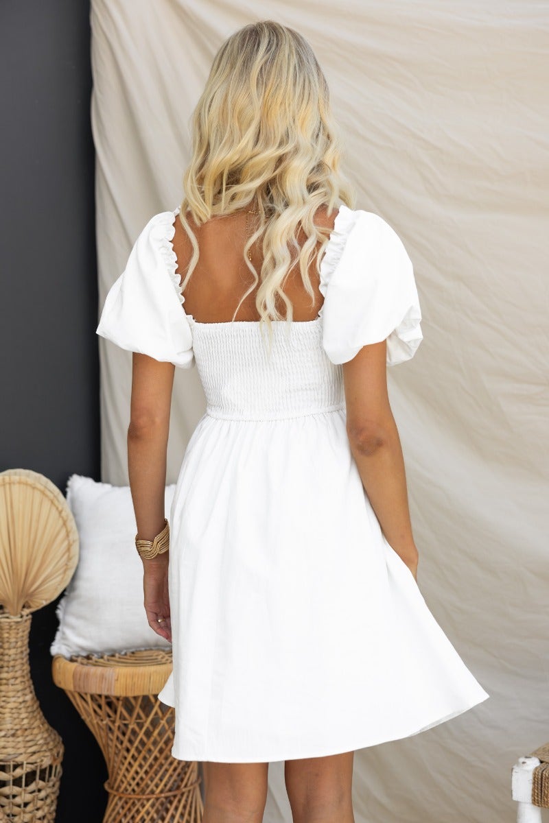 Back view of a white linen blend dress with puff sleeves and a fitted waist, showcasing a flowy skirt.