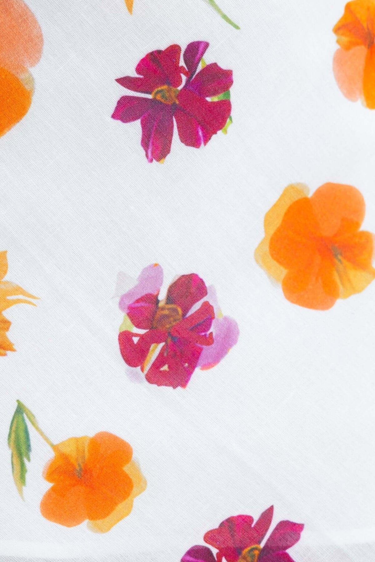 Floral print featuring vibrant pink and orange flowers on a white background, ideal for a stylish dress design.
