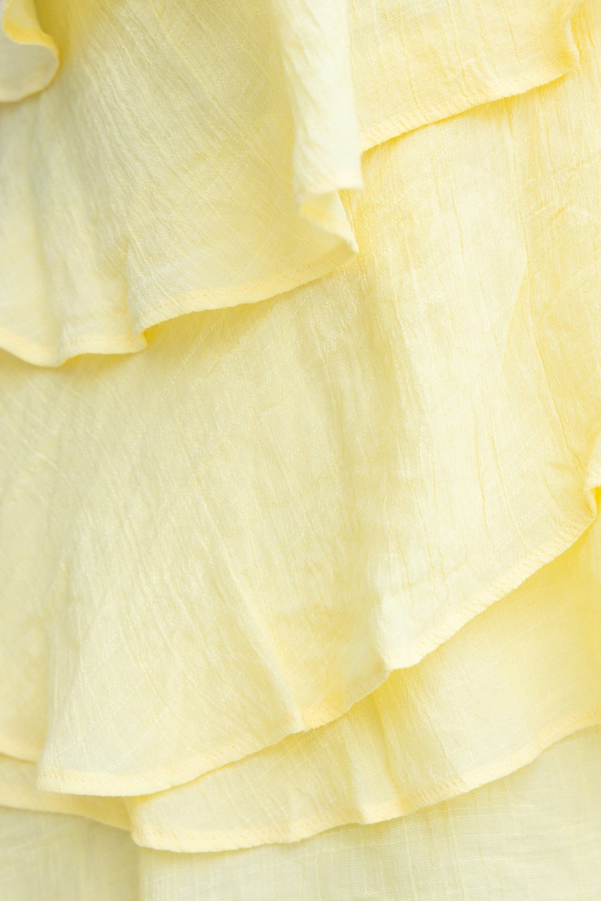 Close-up of yellow chiffon fabric with ruffled layers, showcasing the texture of the Lolita dress.