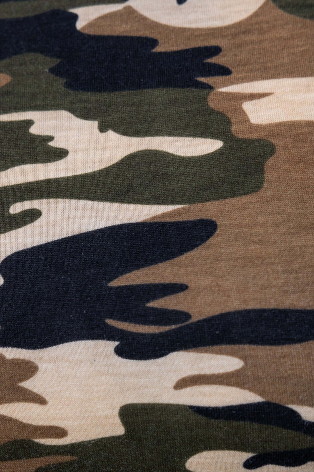 Close-up of camo fabric pattern in shades of green, brown, and black for camouflage design.