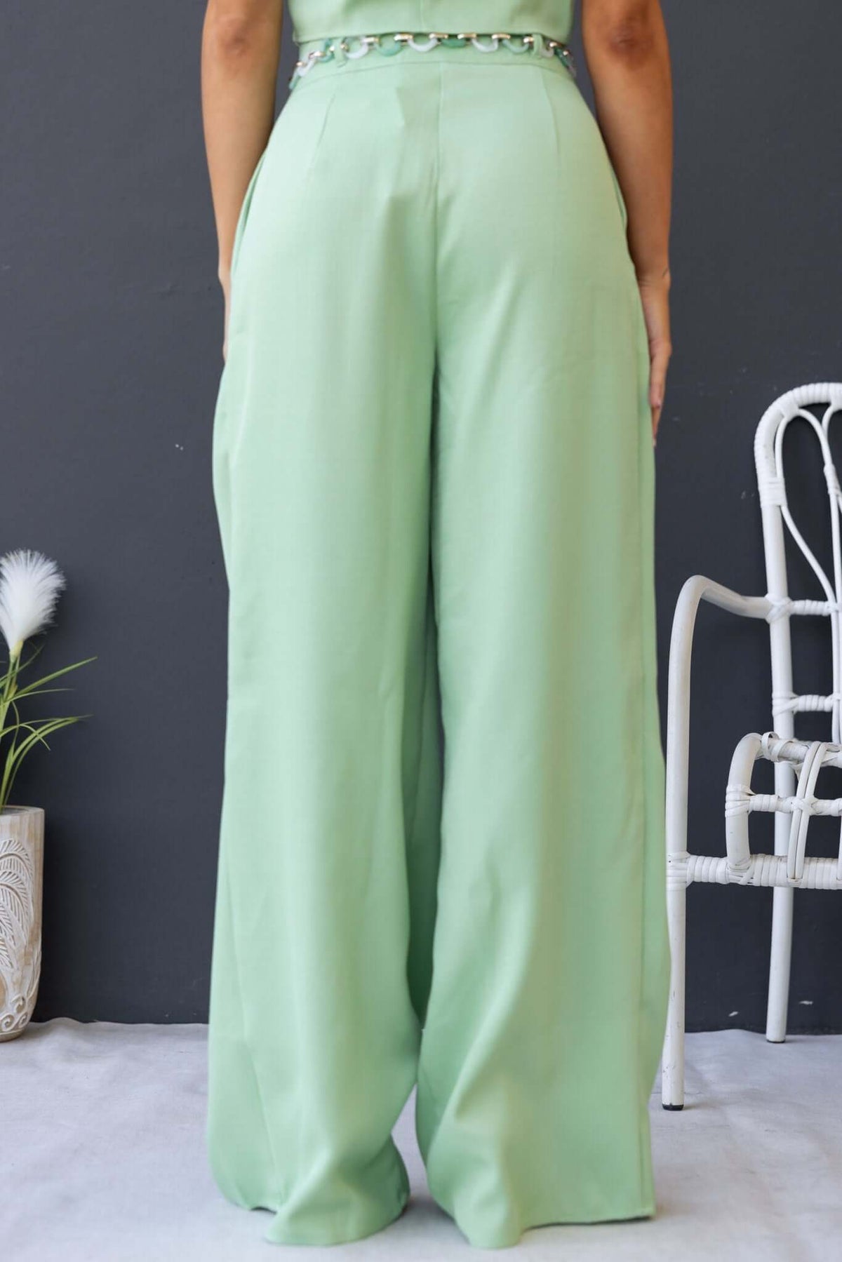 Back view of Paytas Pants in mint green with a paperbag waist and removable belt, showcasing wide-leg style.