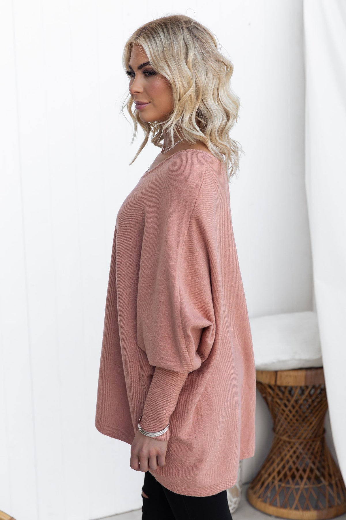 Brizzie Jumper in dusty pink, featuring batwing sleeves, oversized fit, perfect for casual wear.