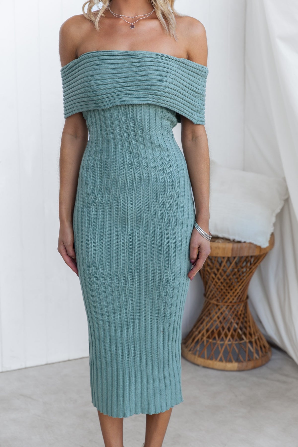 Soulful Midi Dress featuring an off-shoulder neckline and ribbed knit material in teal color, perfect for casual outings.