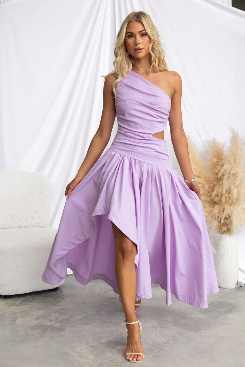 Stunning lavender Horizons Maxi Dress featuring a one-shoulder neckline, cut-out waist, and asymmetrical hemline.