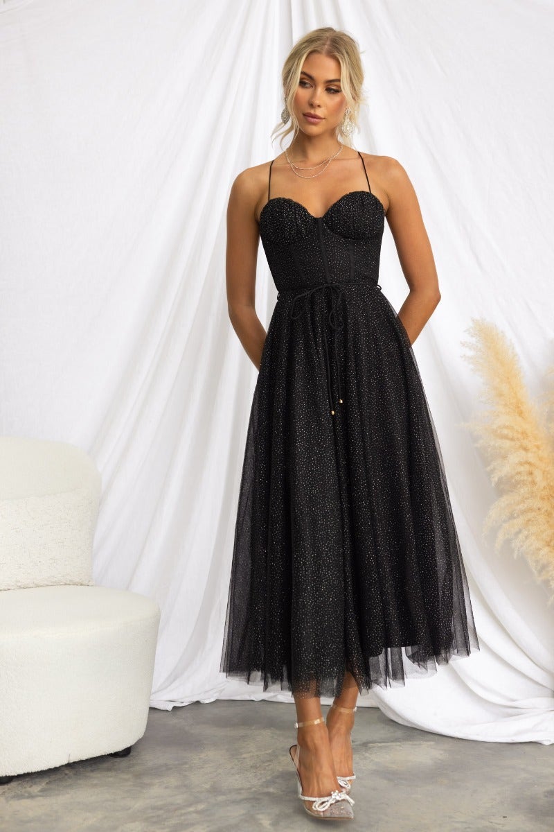 Florence Midi Dress in black tulle with padded bust, adjustable straps, and removable belt for a stylish fit.