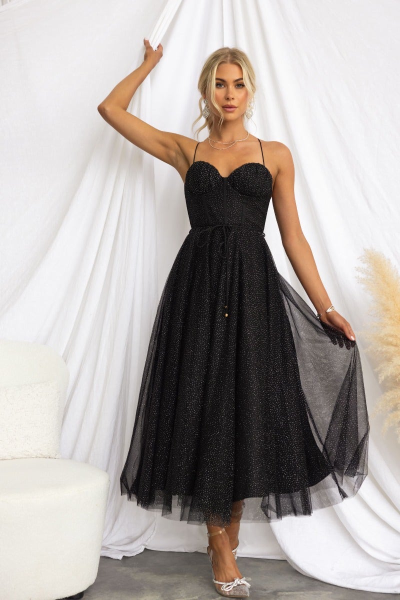 Florence Midi Dress: Black tulle midi with adjustable straps, removable belt, padded bust, and glitter details.