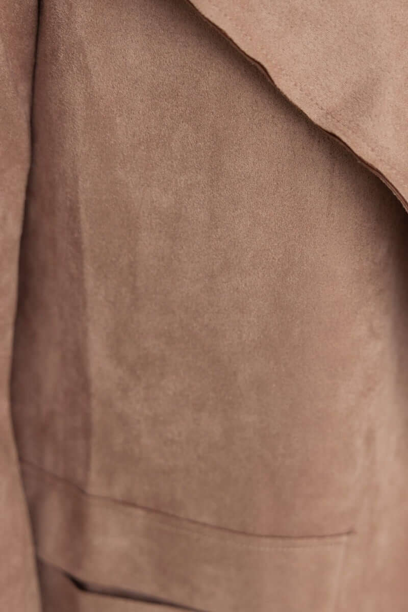 Close-up of Hayley Coat featuring soft suede texture and draping lapel detail.