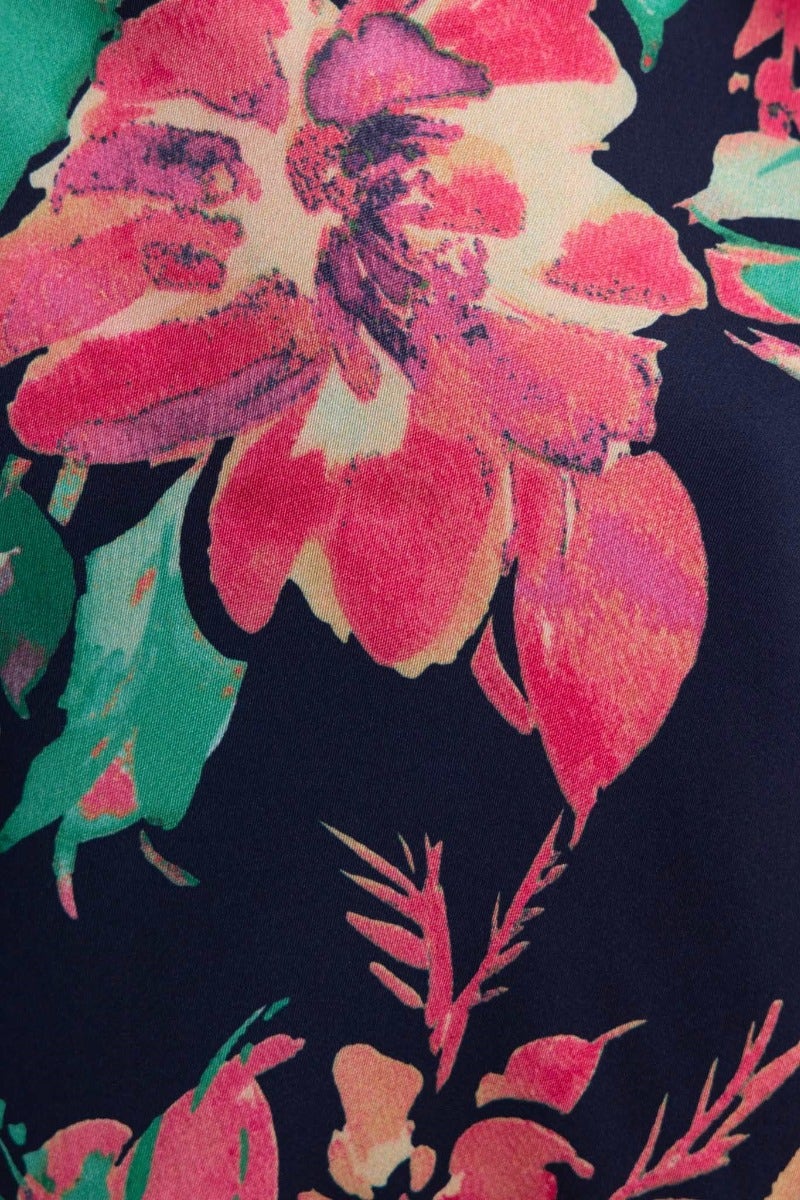 Close-up of vibrant floral print featuring pink and green hues on a navy background, perfect for the Live In Colour Maxi Dress.