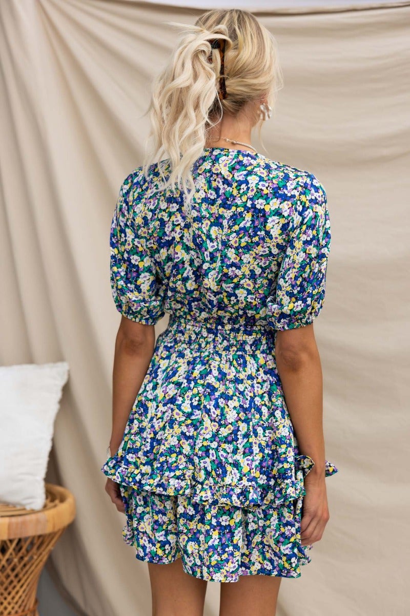 Back view of a floral print dress featuring puff sleeves and tiered ruffles, perfect for stylish summer outfits.